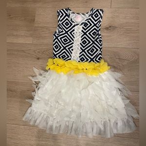 4T Giggle Moon dress—black and white with yellow waistband accent
